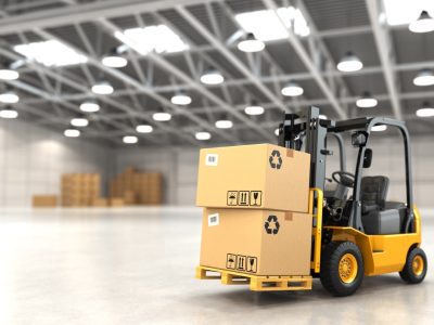 Forklift truck in warehouse or storage loading cardboard boxes. 3d