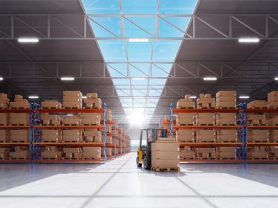 Forklift preparing products for shipment. Warehouse distribution concept. 3d rendering